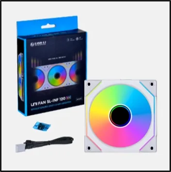 LIAN LI UNI FAN SL-INF 120 RGB สีขาว — กล่องสินค้า ตัวพัดลม และอุปกรณ์ในกล่อง