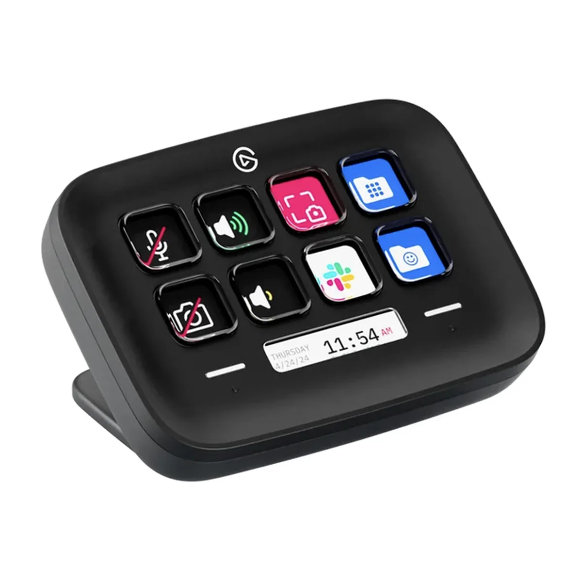 Elgato Stream Deck Neo สีดำ — มุมเฉียงเห็นตัวเครื่องและจอแสดงเวลา