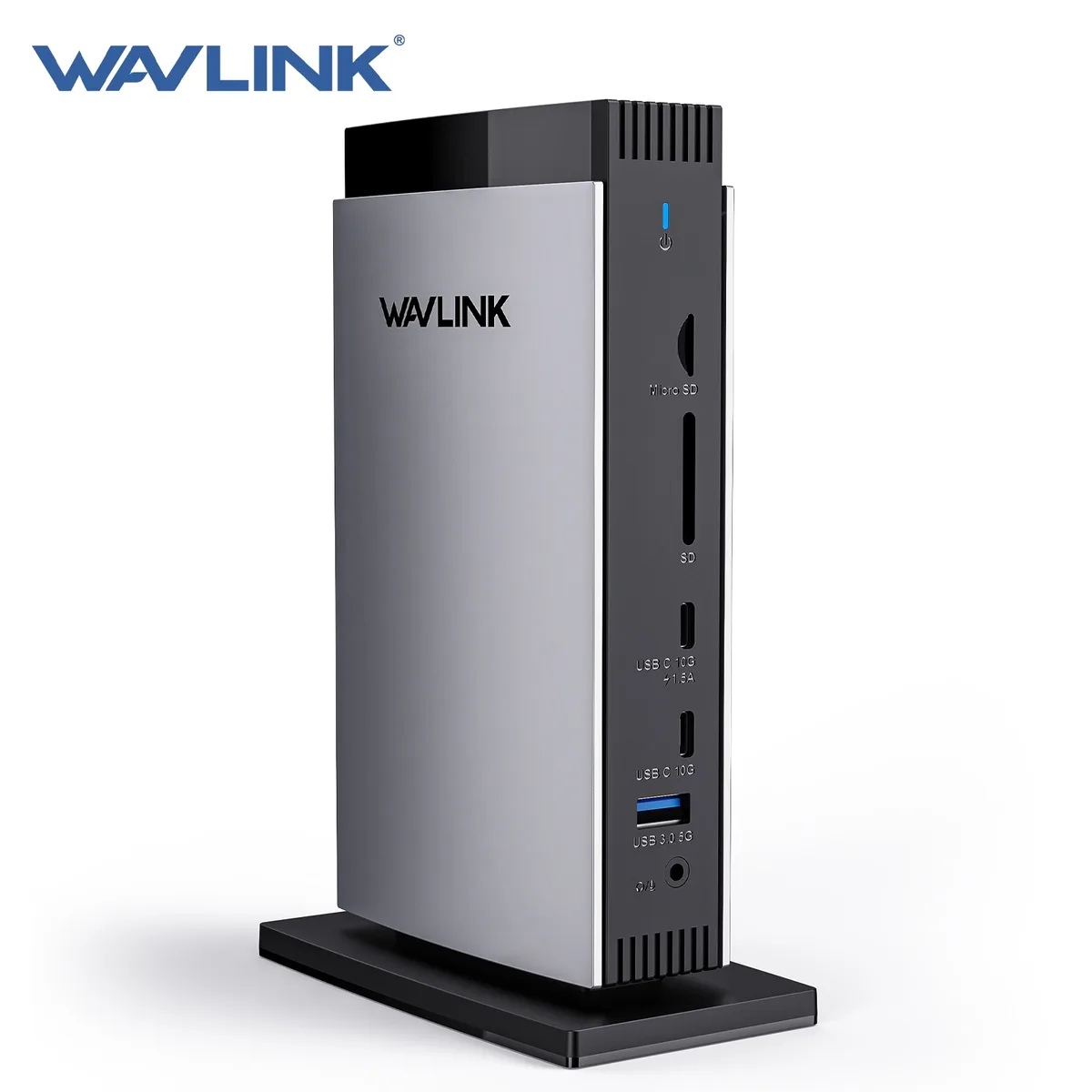 WAVLINK Universal DisplayLink Docking Station WL-UG69DK13 — มุมเฉียงด้านหน้า เห็นพอร์ตเชื่อมต่อครบ
