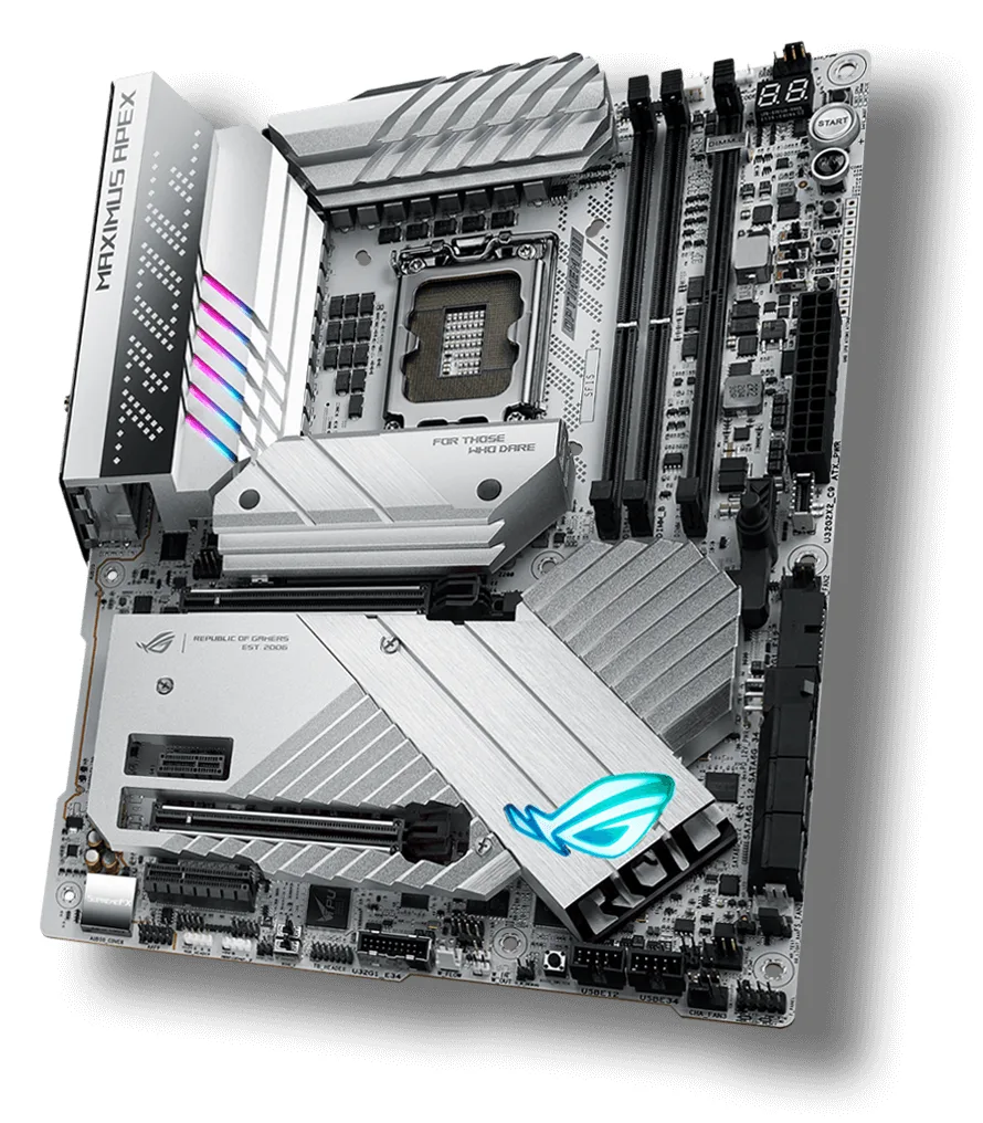 ASUS ROG Maximus Z790 Apex — มุมเฉียงเห็นตัวบอร์ดเต็มแผ่น