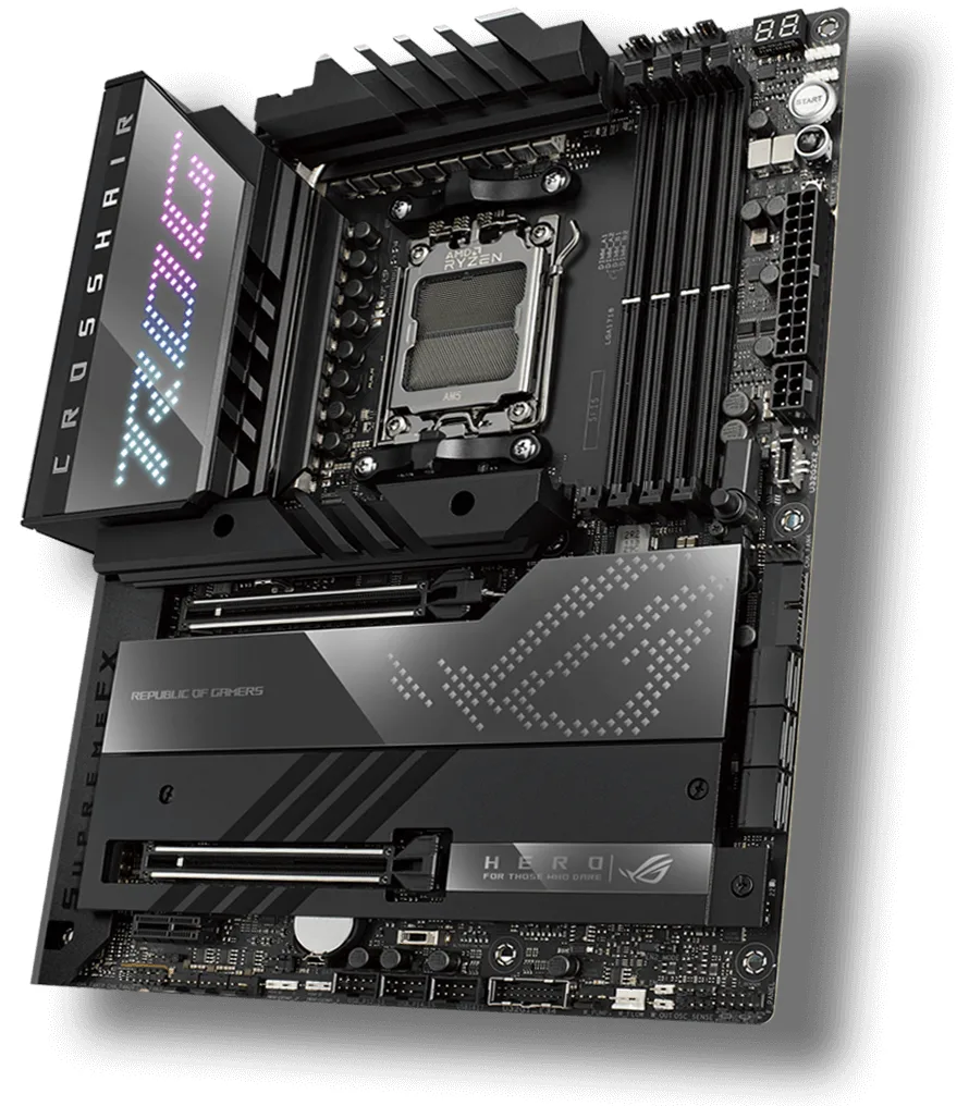 ASUS ROG CROSSHAIR X670E HERO (AM5) — มุมเฉียงพื้นหลังโปร่งใส เห็นซ็อกเก็ต AM5 ชัด